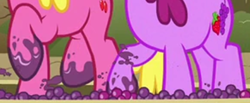 Size: 1448x599 | Tagged: safe, imported from derpibooru, screencap, berry punch, berryshine, cherry berry, earth pony, pony, on your marks, background pony, cropped, duo, female, food, grape stomping, grapes, hooves, legs, mare, pictures of legs, stomping