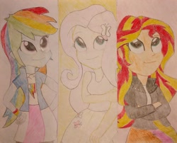 Size: 2269x1836 | Tagged: safe, artist:raindasher14, imported from derpibooru, fluttershy, rainbow dash, sunset shimmer, equestria girls, rainbow rocks, female, photo, traditional art