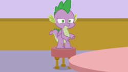 Size: 1366x768 | Tagged: safe, artist:agrol, imported from derpibooru, spike, dragon, let's start the game, male, pouting, solo, spike is not amused, stool, unamused, winged spike, wings