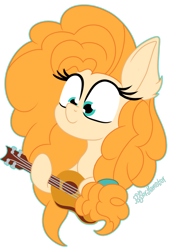 Size: 1400x2016 | Tagged: safe, artist:puperhamster, imported from derpibooru, pear butter, earth pony, pony, bust, ear fluff, female, guitar, mare, musical instrument, simple background, solo, transparent background