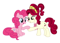 Size: 1970x1416 | Tagged: safe, artist:third uncle, artist:three uncle, imported from derpibooru, cherry jubilee, pinkie pie, earth pony, pony, party pooped, bandana, cherry, duo, duo female, female, food, mare, pose, simple background, sitting, transparent background