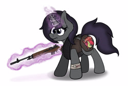 Size: 3382x2306 | Tagged: safe, artist:aaathebap, imported from derpibooru, oc, oc only, oc:linx, pony, unicorn, fallout equestria, armor, bandage, fallout, gun, horn, m14, magic, solo, unicorn oc, weapon