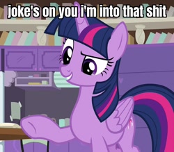 Size: 1232x1080 | Tagged: safe, edit, edited screencap, imported from derpibooru, screencap, twilight sparkle, alicorn, pony, sweet and smoky, bone, bookshelf, caption, cropped, female, folded wings, image macro, mare, meme, pointing, raised eyebrow, raised hoof, reaction image, skeletor, smiling, solo, text, twilight sparkle (alicorn), vulgar, wings