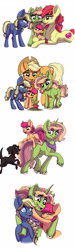 Size: 800x2662 | Tagged: safe, artist:celestial-rainstorm, imported from derpibooru, apple bloom, applejack, oc, oc only, oc:chrysanthemum, oc:juniper berry, oc:pippin, dog, earth pony, pony, unicorn, female, filly, mare, offspring, older, parent:apple bloom, parent:applejack, parent:big macintosh, parent:oc:ash bark, parent:sugar belle, parent:tender taps, parents:canon x oc, parents:sugarmac, parents:tenderbloom