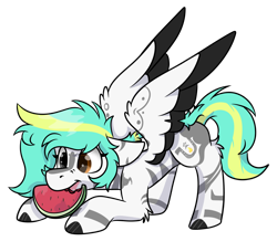 Size: 1132x1032 | Tagged: safe, artist:rokosmith26, imported from derpibooru, oc, oc only, oc:rokosmith, pegasus, pony, cute, eating, female, floppy ears, food, herbivore, heterochromia, leaning, looking down, mare, markings, short hair, short mane, simple background, solo, spread wings, tail, transparent background, tribal marking, tribal markings, watermelon, wings