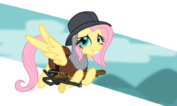 Size: 2000x1200 | Tagged: safe, artist:camo-pony, derpibooru exclusive, imported from derpibooru, fluttershy, pony, armor, clothes, crossbow, female, simple background, solo, white background, wings