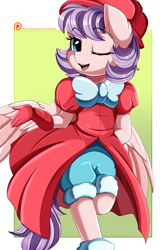 Size: 2350x3509 | Tagged: safe, artist:pridark, imported from derpibooru, oc, oc only, anthro, pegasus, pony, bow, clothes, dress, female, hat, high res, one eye closed, open mouth, patreon, patreon reward, shorts, solo, wink