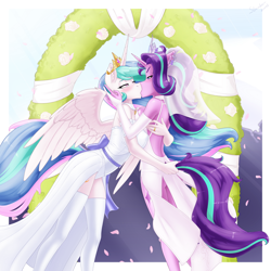 Size: 2560x2560 | Tagged: safe, alternate version, artist:slackerburst, imported from derpibooru, princess celestia, starlight glimmer, alicorn, anthro, unicorn, breasts, bride, busty princess celestia, busty starlight glimmer, crack shipping, duo, female, jewelry, kiss on the lips, kissing, lesbian, multiple variants, ring, shipping, starlestia, tail, tail pull, wedding ring