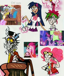 Size: 1747x2073 | Tagged: safe, artist:citi, imported from derpibooru, screencap, discord, pinkie pie, spike, twilight sparkle, alicorn, human, pony, what about discord?, back to the future, glowing hands, humanized, magic, pinkie mcpie, scene interpretation, screencap reference, spilled drink, telekinesis, traditional art, twilight sparkle (alicorn)