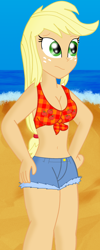 Size: 1574x3949 | Tagged: safe, artist:cyber-murph, edit, imported from derpibooru, applejack, equestria girls, beach, belly button, bikini, breasts, busty applejack, clothes, cropped, female, midriff, ocean, questionable source, shorts, solo, swimsuit