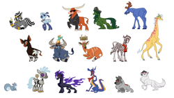 Size: 1920x1080 | Tagged: safe, artist:lindsay towns, artist:mane6, imported from derpibooru, oc, oc:shorna, oc:turing test, bird, buffalo, bull, dog, dragon, giraffe, hybrid, kelpie, longma, moose, okapi, robot, sheep, squirrel, wolf, zebra, fanfic:the iron horse: everything's better with robots, them's fightin' herds, background character, background characters, bird house, bongo antelope, braid, brew, clothes, community related, dreadlocks, ear piercing, earring, hat, jacket, jewelry, leather, leather jacket, necklace, not zecora, piercing, pirate hat, potion, ring, scarf, sunglasses