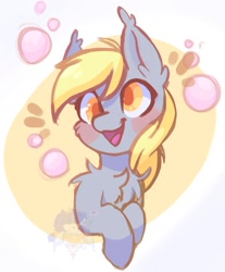 Size: 1095x1325 | Tagged: safe, artist:drawtheuniverse, imported from derpibooru, derpy hooves, pony, blushing, bubble, bust, cheek fluff, chest fluff, colored pupils, cute, derpabetes, ear fluff, female, mare, open mouth, smiling, solo