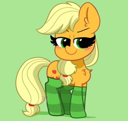 Size: 1900x1800 | Tagged: safe, artist:kittyrosie, imported from derpibooru, applejack, earth pony, pony, blushing, chest fluff, clothes, cute, ear fluff, female, green background, hatless, jackabetes, mare, missing accessory, simple background, socks, solo, striped socks