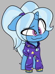 Size: 816x1104 | Tagged: safe, artist:ryuyo, imported from derpibooru, trixie, pony, unicorn, alternate hairstyle, babysitter trixie, clothes, cute, female, gray background, hoodie, simple background, smiling, solo