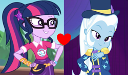 Size: 1003x588 | Tagged: safe, edit, edited screencap, imported from derpibooru, screencap, sci-twi, trixie, twilight sparkle, equestria girls, equestria girls series, spring breakdown, sunset's backstage pass!, spoiler:eqg series (season 2), female, lesbian, sci-twixie, shipping, shipping domino, twixie