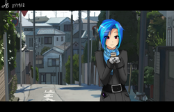 Size: 1397x900 | Tagged: safe, artist:sketchbookfim, artist:suketchib, imported from derpibooru, dj pon-3, vinyl scratch, human, city, coffee, female, humanized, mittens, scenery, solo