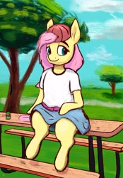 Size: 1335x1915 | Tagged: safe, artist:dummyhorse, artist:phutashi, imported from derpibooru, fluttershy, semi-anthro, 90s grunge fluttershy, backwards ballcap, baseball cap, belt, bench, cap, clothes, female, hat, human shoulders, looking at you, outdoors, park, shirt, sitting, skirt, smiling, soda can, solo, t-shirt, table, three quarter view, tree