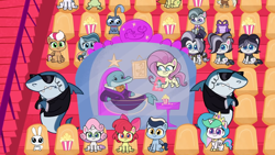 Size: 1920x1080 | Tagged: safe, imported from derpibooru, screencap, angel bunny, apple bloom, bubbles (cat), caramel latte, derek (pony life), fluttershy, grey skies, matt #1, matt #2, octavio pie, princess celestia, sweetie belle, winona, alicorn, alligator, cat, dog, dolphin, earth pony, pegasus, pony, rabbit, shark, unicorn, my little pony: pony life, spoiler:pony life s01e46, animal, autograph, bodyguard, bubbles cherub mcsquee, clothes, clover swirl, derek, female, filly, finn tastic, food, g4.5, male, mare, popcorn, shirt, sitting, sportacular spectacular musical musak-ular, stallion, sunglasses, unnamed character, unnamed pony, we shine brighter together