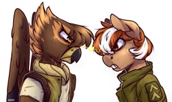 Size: 1163x687 | Tagged: safe, artist:lrusu, imported from derpibooru, oc, oc only, oc:gabriela hawkins, oc:roulette, anthro, earth pony, griffon, fallout equestria, angry, clothes, female, frown, gritted teeth, intense stare, jacket, looking at each other, mare, rivalry, scarf, simple background, white background, wings