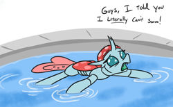 Size: 758x468 | Tagged: safe, artist:jargon scott, imported from derpibooru, ocellus, changedling, changeling, adorable distress, bugs doing bug things, cute, dialogue, diaocelles, female, floating, frown, open mouth, simple background, solo, swimming pool, text, water, water strider, white background