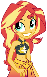 Size: 1024x1668 | Tagged: safe, artist:emeraldblast63, imported from derpibooru, sunset shimmer, human, equestria girls, equestria girls series, forgotten friendship, rainbow rocks, belly button, bikini, clothes, cute, female, grin, sarong, shimmerbetes, simple background, sleeveless, smiling, solo, sunset shimmer's beach shorts swimsuit, swimsuit, teeth, transparent background, vector