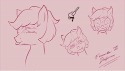 Size: 10887x6125 | Tagged: safe, artist:fernandojc-draftsman, imported from derpibooru, oc, oc only, earth pony, pony, bust, earth pony oc, eyes closed, grin, lineart, male, monochrome, pink background, signature, simple background, smiling, stallion