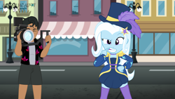 Size: 8000x4500 | Tagged: safe, artist:metalhead97, imported from derpibooru, trixie, oc, oc:calypso kiosko, equestria girls, street magic with trixie, spoiler:eqg series (season 2), camera, canterlot high, cap, clothes, commission, eyes closed, female, hat, hawaiian shirt, holding, leaning, library, magician, magician outfit, male, outfit, shirt, shorts, show accurate, top hat