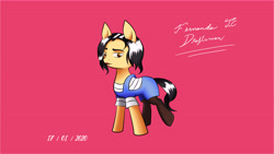 Size: 10888x6125 | Tagged: safe, alternate version, artist:fernandojc-draftsman, imported from derpibooru, oc, oc only, earth pony, pony, clothes, earth pony oc, female, mare, overalls, pink background, signature, simple background, socks, solo