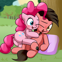 Size: 2000x2000 | Tagged: safe, artist:vipy, imported from derpibooru, pinkie pie, oc, oc:ace play, earth pony, pony, butt, canon x oc, cuddling, female, male, mare, pinkieplay, plot, shipping, stallion, straight