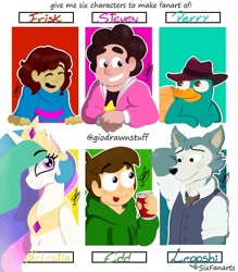 Size: 700x800 | Tagged: safe, artist:gio-drawnstuff, imported from derpibooru, princess celestia, alicorn, anthro, human, platypus, pony, wolf, six fanarts, anthro with ponies, arm behind head, beastars, bust, clothes, crossover, cup, edd gould (eddsworld), eddsworld, eyelashes, eyes closed, female, frisk, hat, jewelry, legosi (beastars), male, mare, necktie, perry the platypus, peytral, phineas and ferb, signature, smiling, steven quartz universe, steven universe, tiara, undertale