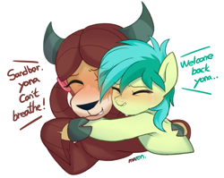 Size: 4200x3343 | Tagged: safe, artist:maren, imported from derpibooru, sandbar, yona, earth pony, pony, yak, blushing, crying, eyes closed, female, hug, interspecies, male, shipping, simple background, stallion, straight, teary eyes, white background, yonabar