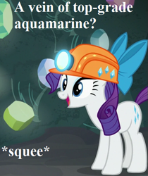 Size: 441x525 | Tagged: safe, edit, edited screencap, imported from derpibooru, screencap, rarity, pony, rock solid friendship, bow, cropped, cute, female, gem, gem cave, hair bow, hat, headlamp, helmet, mane bow, mining helmet, raribetes, solo, squee, that pony sure does love gems