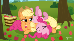 Size: 4268x2401 | Tagged: safe, artist:gutovi, imported from derpibooru, applejack, pinkie pie, earth pony, pony, apple, apple basket, apple tree, applepie, basket, female, food, hoof on cheek, laughing, lesbian, long description, lying down, mare, on back, on floor, pony pile, shipping, smiling, sweet apple acres, tree