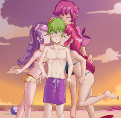 Size: 3606x3500 | Tagged: safe, artist:thebrokencog, imported from derpibooru, apple bloom, scootaloo, spike, sweetie belle, human, anime, apple bloom's bow, barefoot, beach, belly button, bikini, blushing, bow, cheek kiss, clothes, commission, crusadespike, cutie mark crusaders, feet, female, hair bow, humanized, kiss on the cheek, kiss sandwich, kissing, lucky bastard, male, male nipples, nipples, sand, scootaspike, shipping, shorts, spike gets all the fillies, spike gets all the mares, spikebelle, spikebloom, straight, sunset, surprise kiss, swimsuit, topless, water