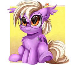 Size: 2909x2550 | Tagged: safe, artist:pridark, imported from derpibooru, oc, oc only, oc:pinkfull night, bat pony, pony, age regression, bat pony oc, bat wings, chest fluff, cute, ear fluff, fangs, female, filly, freckles, glasses, high res, ocbetes, patreon, patreon logo, patreon reward, sitting, smiling, solo, weapons-grade cute, wings