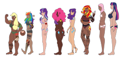 Size: 4621x2128 | Tagged: safe, artist:blacksky1113, artist:snows-undercover, imported from derpibooru, applejack, fluttershy, pinkie pie, rainbow dash, rarity, starlight glimmer, sunset shimmer, twilight sparkle, human, alternate hairstyle, applejack's hat, barefoot, bedroom eyes, belly button, belly piercing, bellyring, belt, black underwear, bra, bra strap, breasts, chubby, clothes, commission, cowboy hat, crop top bra, dark skin, ear piercing, earring, eyebrow piercing, feet, female, green underwear, grin, hat, headcanon, hijab, humanized, islam, islamashy, jewelry, lip piercing, mane six, midriff, nail polish, nose piercing, panties, pants, piercing, pink underwear, purple underwear, rainbow socks, red underwear, religion, simple background, size difference, smiling, snake bites, sports bra, sports panties, tattoo, tongue piercing, transparent background, underwear, wall of tags, white underwear