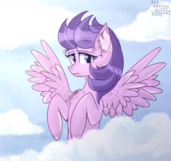 Size: 1700x1600 | Tagged: safe, artist:lichy_fantom, imported from derpibooru, clear skies, pegasus, pony, :s, chest fluff, cloud, ear fluff, female, looking at you, mare, sky, solo, spread wings, wavy mouth, wings