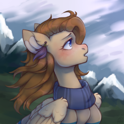 Size: 4000x4000 | Tagged: safe, artist:argigen, imported from derpibooru, oc, oc only, oc:lena, pegasus, pony, clothes, freckles, mountain, scarf, scenery, solo, windswept mane