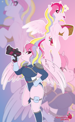 Size: 4392x7141 | Tagged: safe, artist:raspberrystudios, imported from derpibooru, oc, oc only, oc:aurelia charm, alicorn, anthro, alicorn oc, final space, gun, horn, multicolored mane, raspberry, redesign, scar, spacesuit, tongue out, weapon, wings, zoom layer