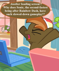 Size: 540x649 | Tagged: safe, artist:jan, edit, imported from derpibooru, button mash, don't mine at night, computer, cropped, curtains, flower, frustrated, hat, implied rainbow dash, ironic, irony, laptop computer, propeller hat, sonic 06, sonic the hedgehog (series), sonic the hedgehog 2006, speech, speech bubble, talking