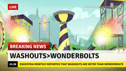 Size: 1280x720 | Tagged: safe, edit, edited screencap, imported from derpibooru, screencap, lightning dust, rolling thunder, short fuse, the washouts (episode), break your own news, breaking news, the washouts, truth