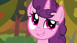 Size: 1920x1080 | Tagged: safe, imported from derpibooru, screencap, sugar belle, pony, unicorn, the big mac question, apple, apple tree, cute, eyeroll, female, grin, mare, pear tree, raised eyebrow, smiling, solo, tree