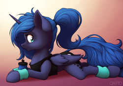 Size: 4000x2800 | Tagged: safe, artist:ohemo, imported from derpibooru, princess luna, alicorn, pony, alternate hairstyle, big ears, bottomless, chest fluff, clothes, female, leg warmers, looking at you, lying down, mare, partial nudity, ponytail, prone, s1 luna, shirt, solo, water bottle