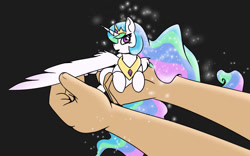 Size: 1280x800 | Tagged: safe, artist:gryphon bbq, artist:wirlog, imported from derpibooru, princess celestia, alicorn, human, pony, behaving like a bird, birb, black background, cute, cutelestia, female, holding a pony, in goliath's palm, looking at you, mare, micro, offscreen character, one wing out, open mouth, ponified animal photo, simple background, solo focus, sparkles, spread wings, tiny, tiny ponies, wing fluff, wings