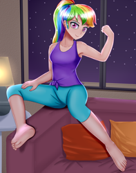 Size: 1500x1900 | Tagged: safe, alternate version, artist:focusb, imported from derpibooru, rainbow dash, human, alternate hairstyle, armpits, barefoot, clothes, feet, female, flexing, humanized, lamp, leggings, looking at you, night, pillow, ponytail, sexy, shorts, sitting, sleeveless, smiling, solo, stars, stupid sexy rainbow dash, tanktop