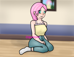 Size: 1958x1500 | Tagged: safe, artist:gunkye, imported from derpibooru, fluttershy, human, clothes, female, humanized, looking at you, sitting, smiling, socks, solo