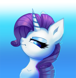 Size: 2335x2378 | Tagged: safe, artist:confetticakez, imported from derpibooru, rarity, pony, unicorn, bust, chest fluff, ear fluff, eyeshadow, female, frown, glare, gradient background, high res, horn, looking at you, makeup, mare, portrait, profile, rarity is not amused, solo, unamused