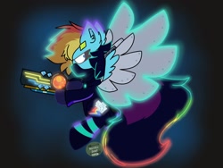 Size: 2048x1536 | Tagged: safe, artist:nordicgoat, imported from derpibooru, rainbow dash, amputee, artificial wings, augmented, clothes, cyberpunk, female, flying, futuristic, gun, looking back, mask, neon, prosthetic limb, prosthetic wing, prosthetics, solo, spread wings, weapon, wings