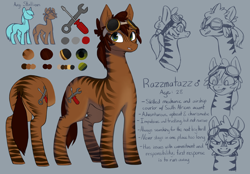 Size: 1280x889 | Tagged: safe, artist:redruin01, imported from derpibooru, oc, oc only, oc:razzmatazz, earth pony, pony, goggles, reference sheet, solo