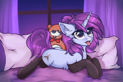 Size: 2600x1750 | Tagged: safe, artist:lakunae, imported from derpibooru, oc, oc only, oc:lakunae, pony, unicorn, bed, clothes, ear fluff, eyelashes, female, horn, mare, night, pillow, progress, socks, solo, stockings, thigh highs, unicorn oc